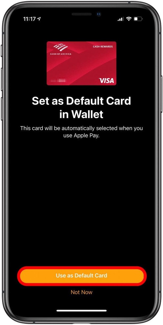 Nato lahko tapnete Uporabi kot privzeto kartico, da to kartico nastavite kot privzeto v denarnici.
