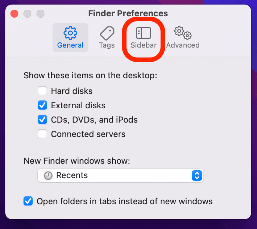 clique na barra lateral para configurações da barra lateral do mac quando o mac não reconhecer o iphone