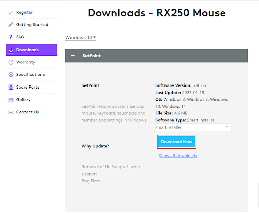 Pobierz sterownik myszy RX250 ze strony oficjalnej firmy Logitech