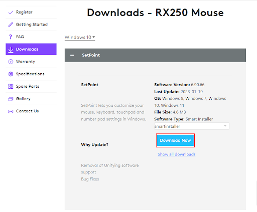 Stáhněte si ovladač myši RX250 z webu Logitech Official