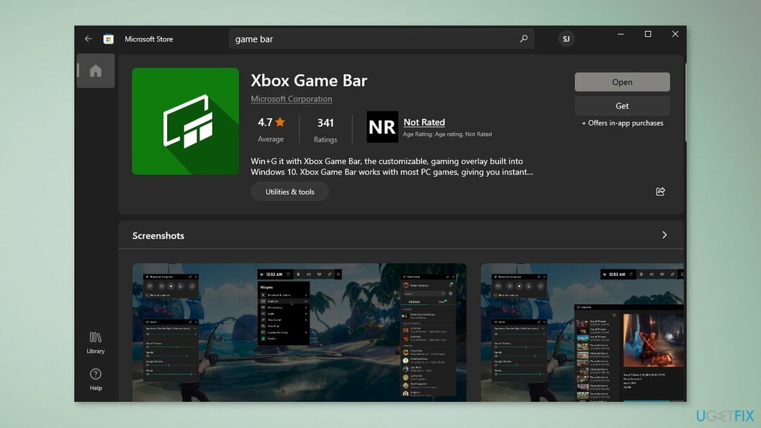 Abra a barra de jogos na Windows Store