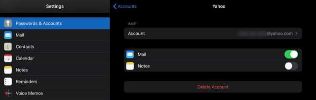 odstranite račun yahoo iz iPada v temnem načinu iOS 13