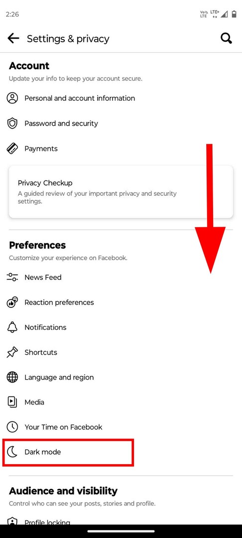 Dans la section Préférences d'Android Facebook, appuyez sur Mode sombre