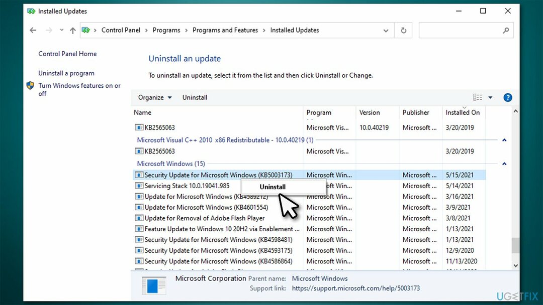 ถอนการติดตั้ง Windows Update