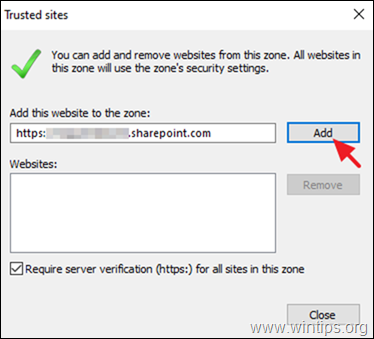 เพิ่ม SharePoint ไปยังไซต์ที่เชื่อถือได้