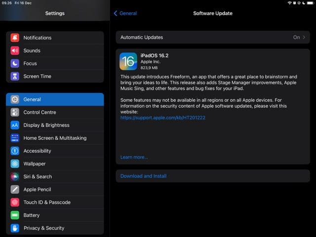 სკრინშოტი, რომელიც აჩვენებს, თუ როგორ უნდა ჩამოტვირთოთ ipados 16.2