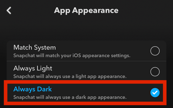 Always Dark - Snapchat adlı seçeneği seçin