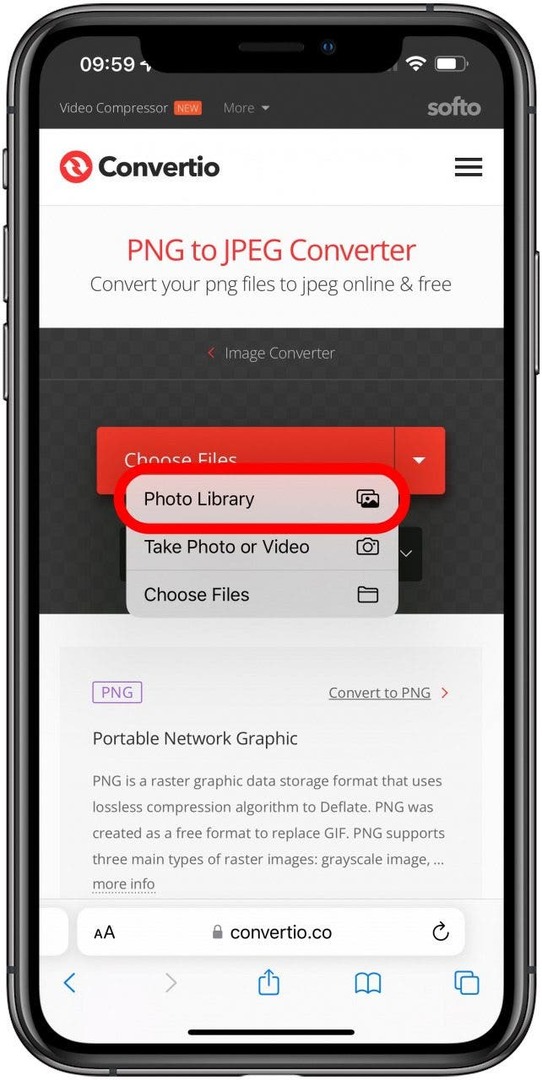 Tippen Sie auf die Fotobibliothek, um PNG zum Konvertieren auszuwählen