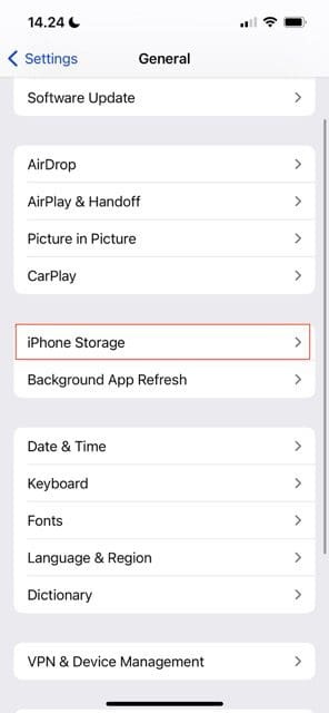 capture d'écran montrant l'onglet de stockage de l'iphone sur ios