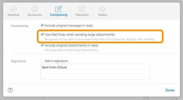 iCloud.com Mail Drop-preferanser for å sende store vedlegg med iCloud