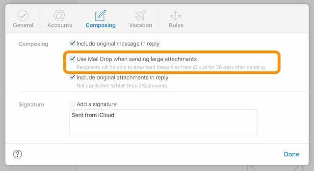 iCloud.com Mail Drop preferences lielu pielikumu sūtīšanai ar iCloud