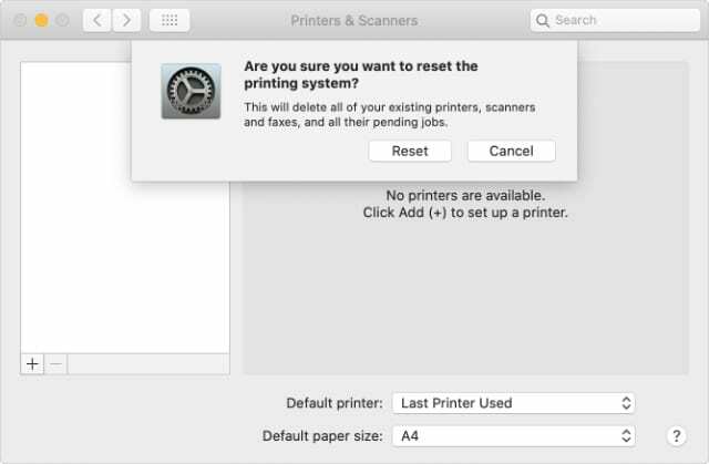 प्रिंटिंग सिस्टम पुष्टिकरण पॉप-अप रीसेट करें