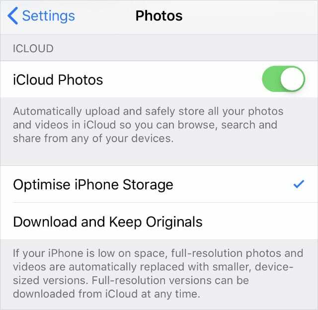 בצע אופטימיזציה של אפשרות אחסון iPhone בהגדרות תמונות