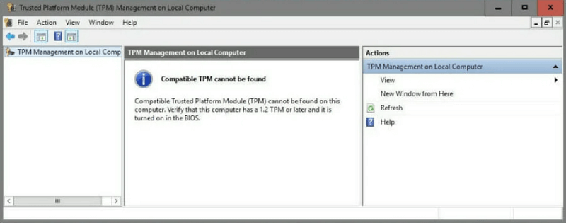 сообщение об ошибке, в котором говорится, что совместимый TPM не обнаружен