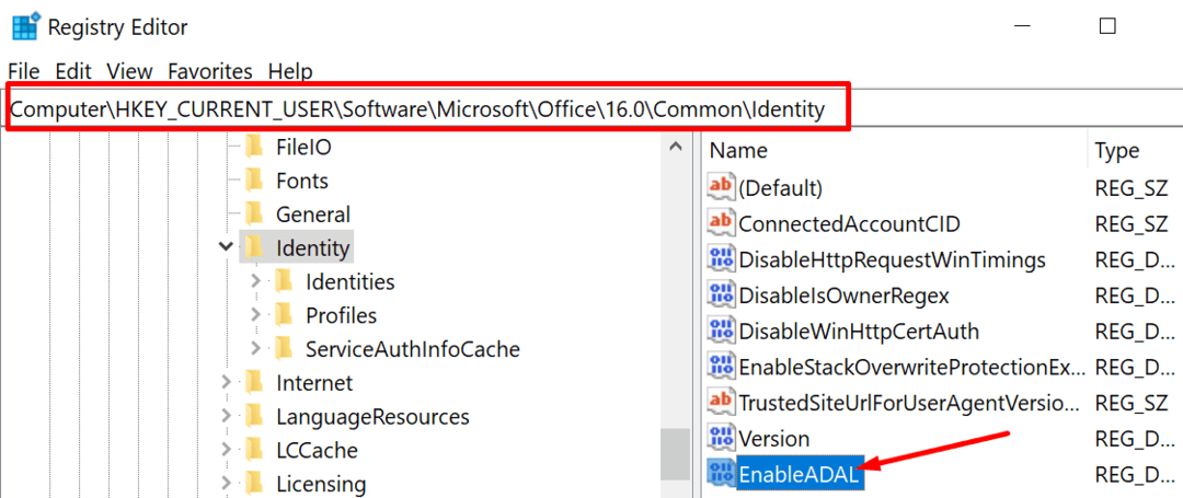EnableADAL reģistra redaktors Windows 10