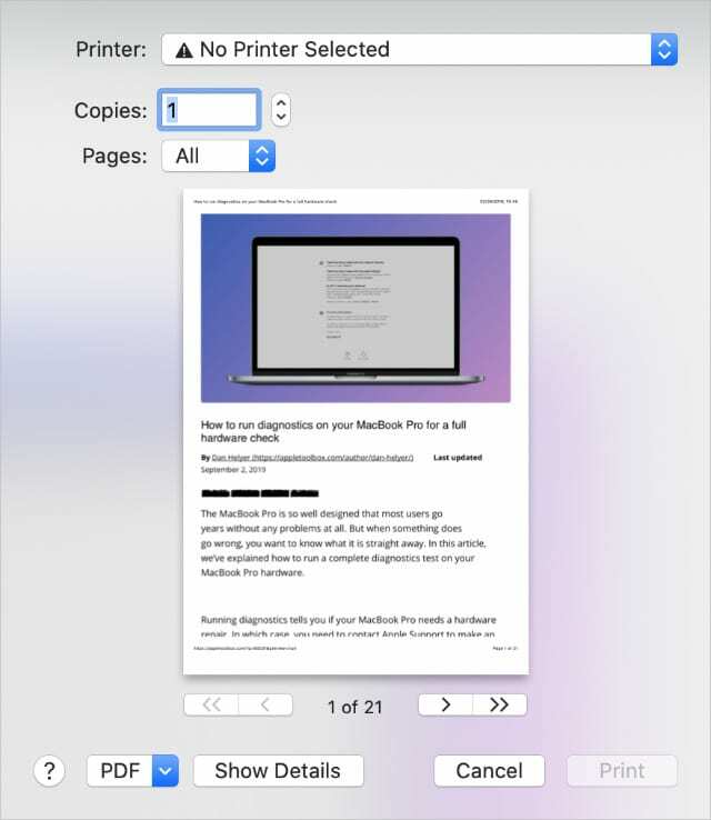 Druckoptionen für Artikel in Safari