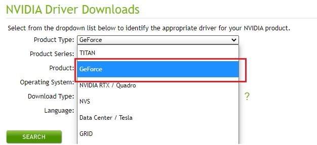 उत्पाद प्रकार के रूप में GeForce का चयन करें