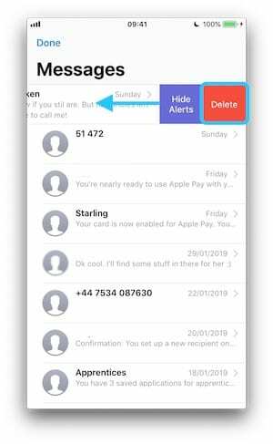 Снимак екрана са иПхоне-а који показује како да избришете разговоре у порукама