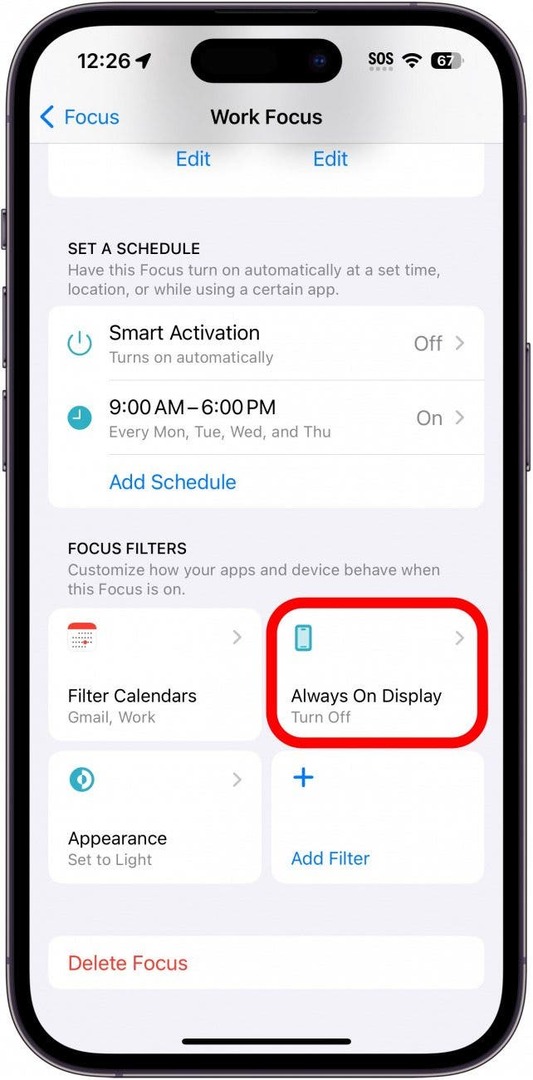 iphone çalışma odak ayarları, her zaman açık ekranda kırmızı daire içine alınmış filtreyle