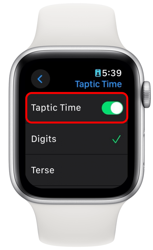 Ustawienia czasu dotykowego zegarka Apple Watch z przełącznikiem czasu dotykowego zakreślonym na czerwono