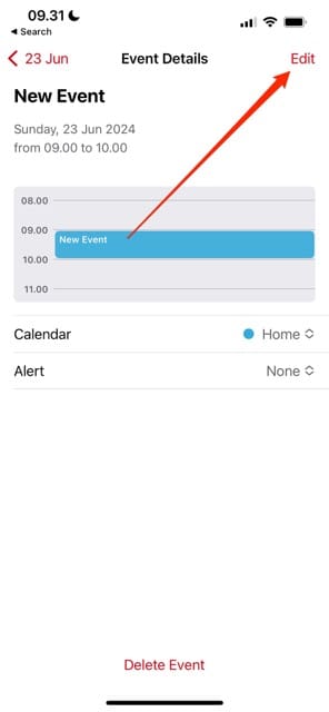 Näyttökaappaus, jossa näytetään, kuinka tapahtumaa muokataan Apple-kalenterissa iOS: lle