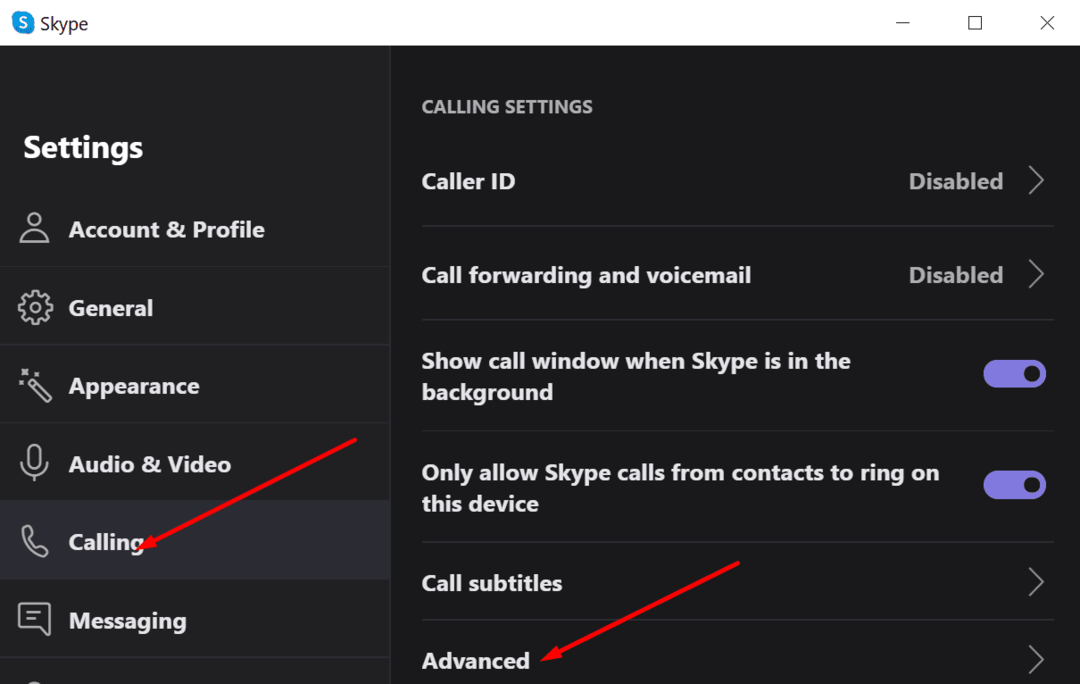 geavanceerde instellingen voor bellen via Skype