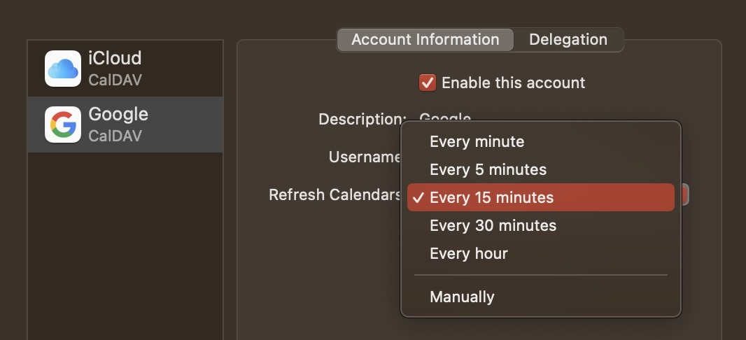 Ändern Sie die Häufigkeit der Kalendersynchronisierung. Mac-Screenshot