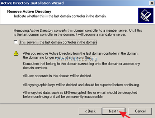 odstrániť služby Active Directory zo servera 2003