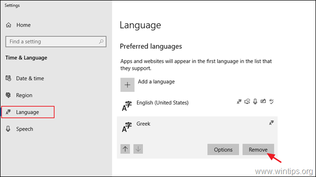 Ukloni jezik Windows 10