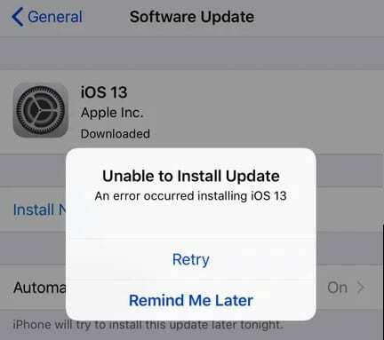 chybová zpráva nelze nainstalovat aktualizaci iOS 13