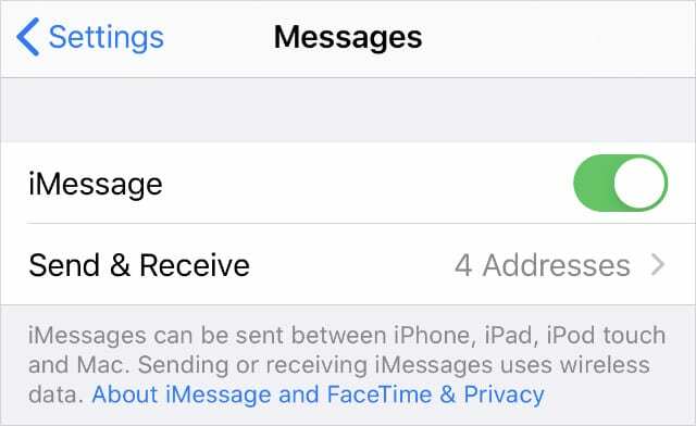 Opción de envío y recepción de iMessage desde la configuración del iPhone