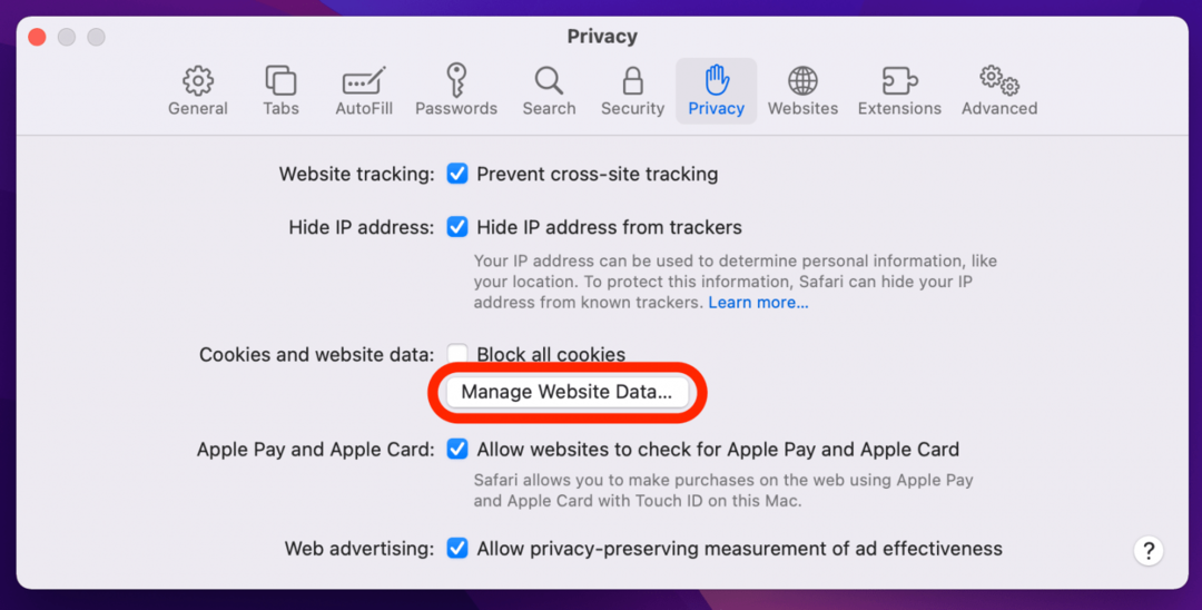 upravljati podacima web stranice kada safari ne radi na Macu
