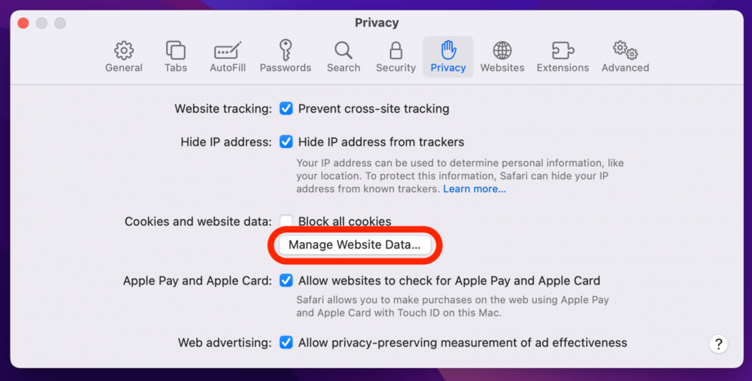 kelola data situs web saat safari tidak berfungsi di mac