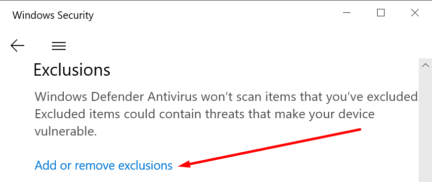 додати видалити виключення Windows Security