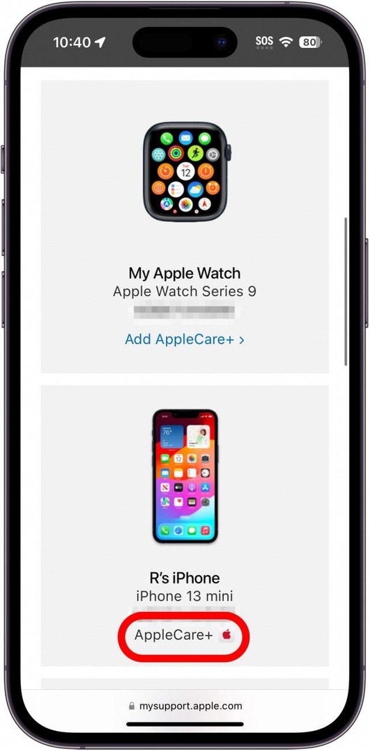 Webová stránka pre iphone safari mysupport.apple.com zobrazujúca zoznam zariadení s ikonou applecare zakrúžkovanou červenou farbou