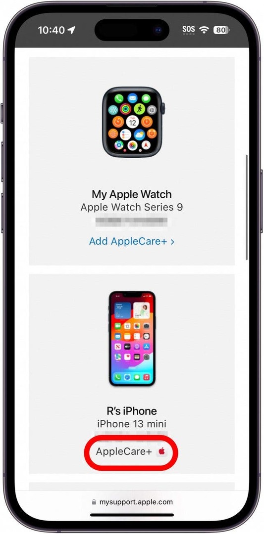 iphone safari vietne mysupport.apple.com parāda ierīču sarakstu ar applecare ikonu, kas apvilkta sarkanā krāsā