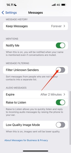 Screenshot, der zeigt, wie man unbekannte Absender in iMessage filtert