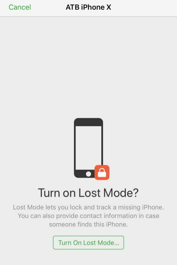 Kaotatud režiimi teade, et lülitada rakenduses Find My iPhone sisse kadunud režiim