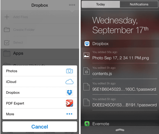 iOS-ilmoituskeskuksen widget - Dropbox