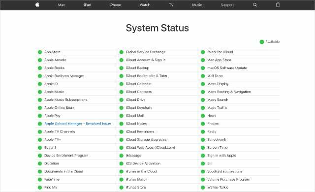 Apple Sistem Durumu web sitesi