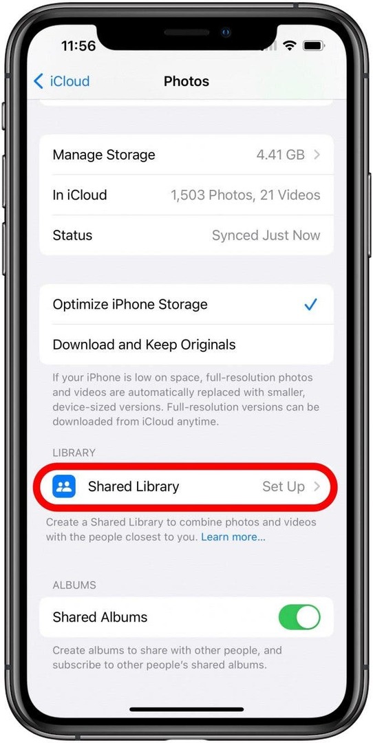 Layar Pengaturan iCloud Foto dengan opsi Pustaka Bersama ditandai.