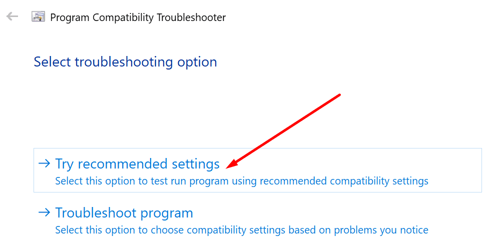 tente o solucionador de problemas de compatibilidade de configurações recomendadas