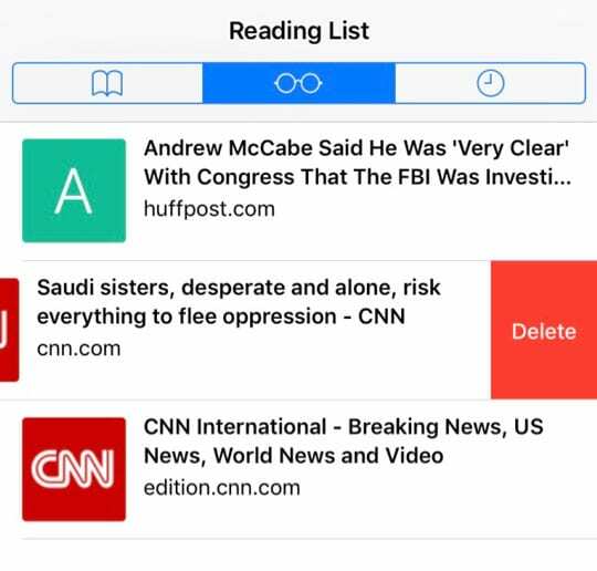 Safari-leseliste iOS sletter et element fra frakoblet leseliste på iPhone