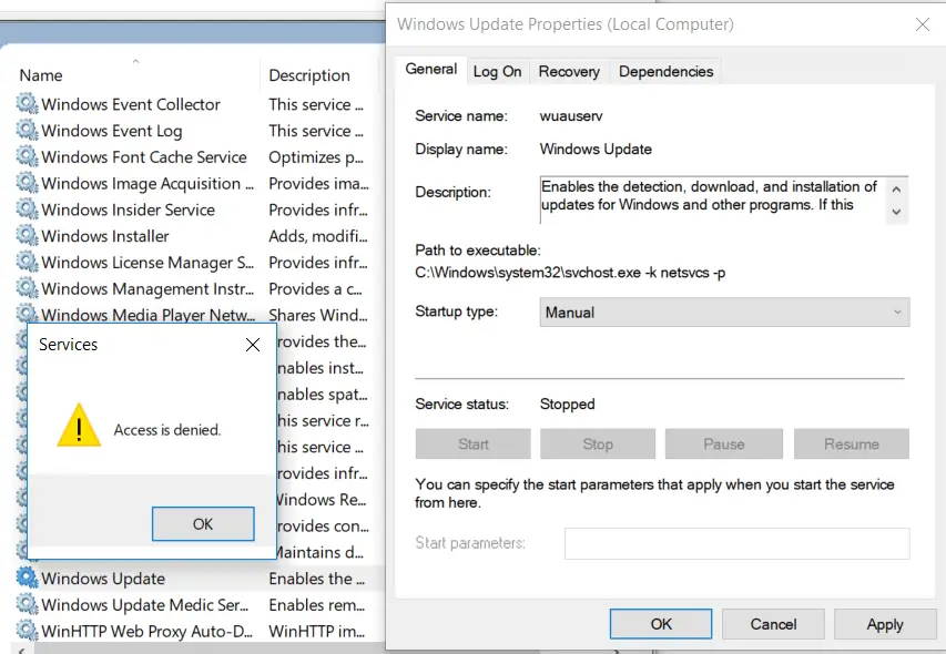 opcje usługi aktualizacji systemu Windows wyszarzone - wuauserv
