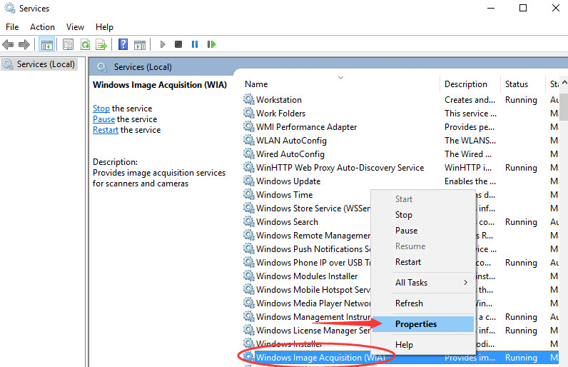 Windows Image Acquisition을 찾아 오른쪽 클릭