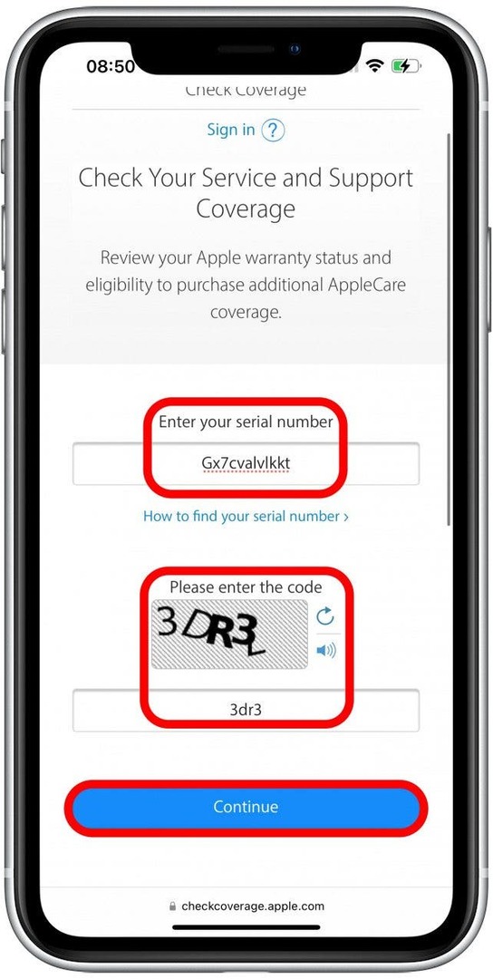 सीरियल नंबर और सत्यापन कोड दर्ज करें, फिर जारी रखें पर टैप करें।