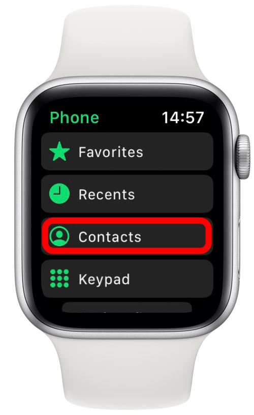 Appuyez sur les contacts sur votre Apple Watch.