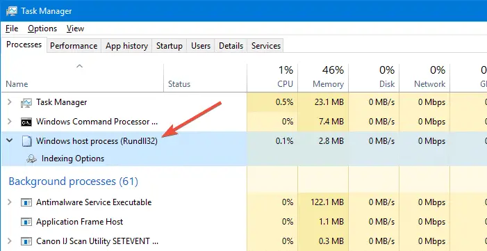 rundll32-indgang i task manager