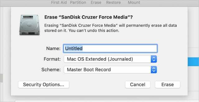 Παράθυρο διαγραφής του Disk Utility με επιλογές ονόματος, μορφής και σχήματος