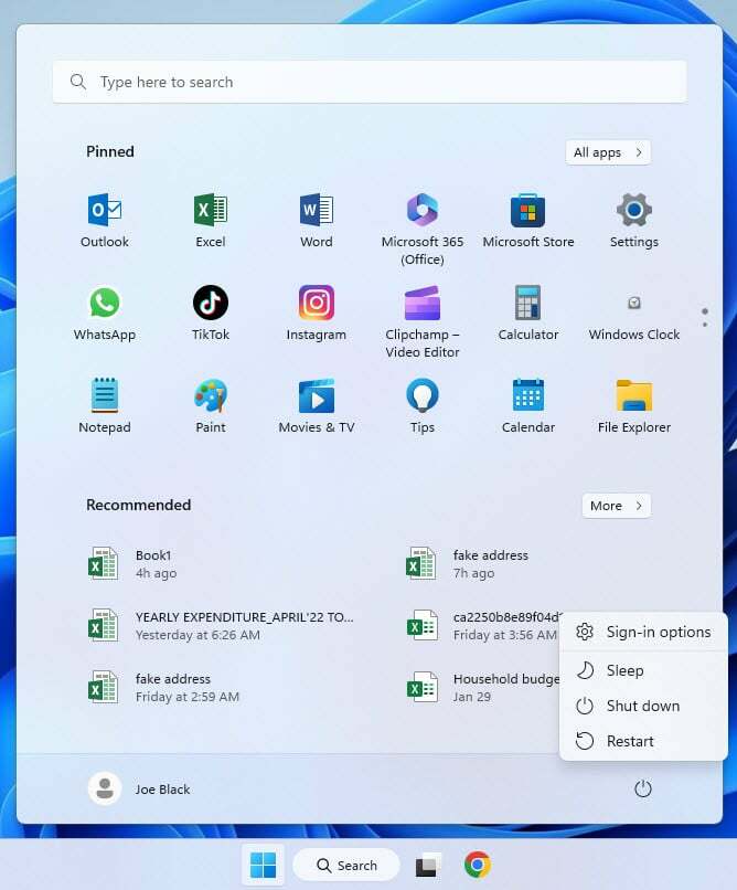 Windows Başlat menüsündeki Güç menüsü